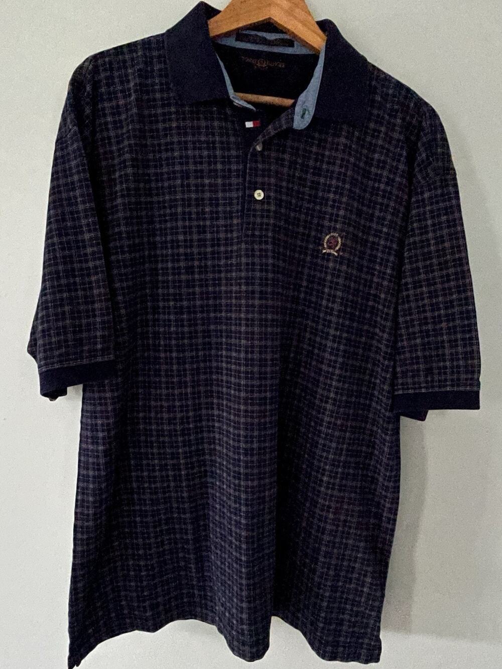Vintage Tommy Hilfiger Golf Navy Blue Check Plaid Polo Shirt Mens XL Y2K